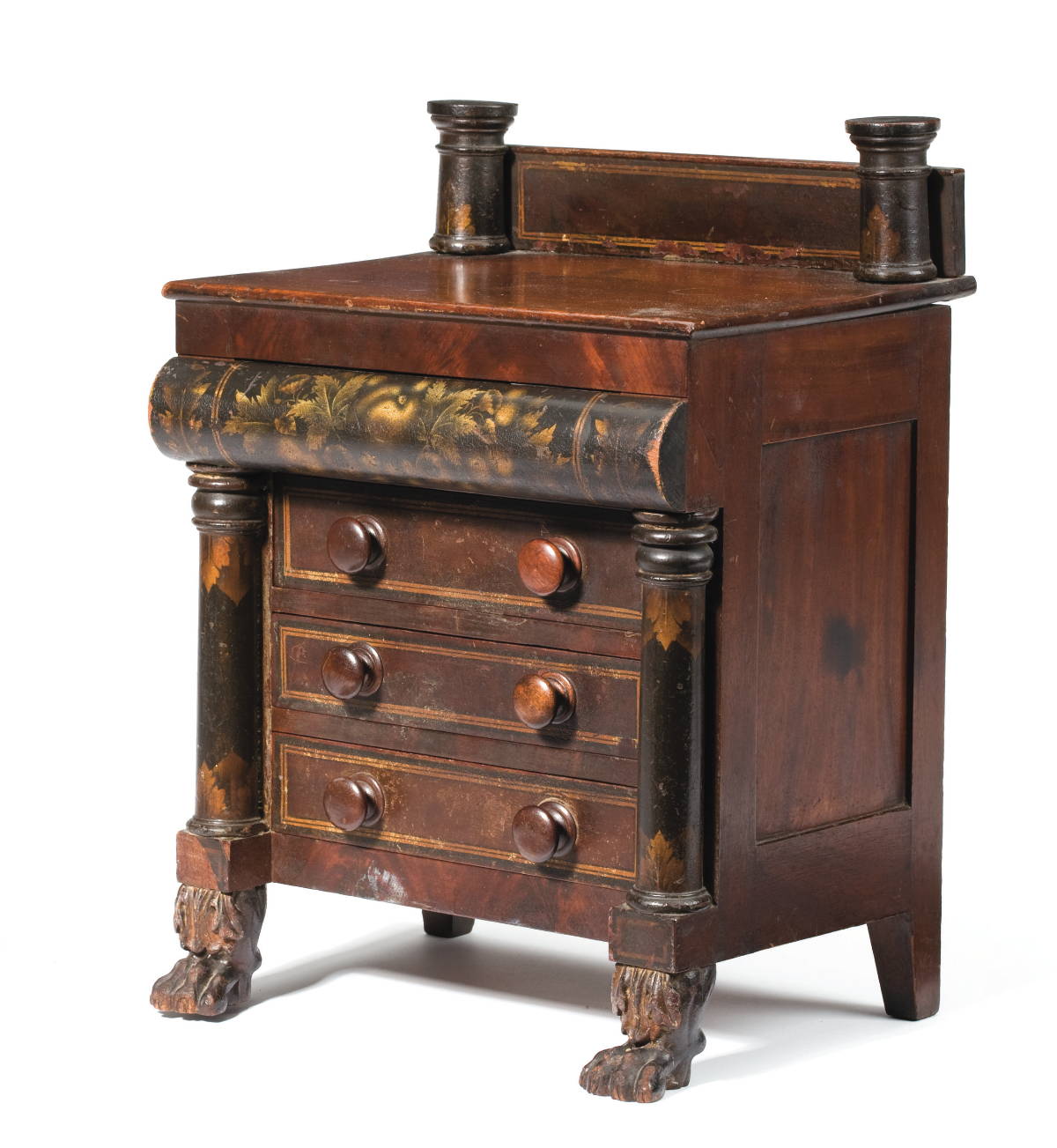 Appraisal: NEW YORK CLASSICAL MINIATURE CARVED AND PAINT-DECORATED MAHOGANY CHEST OF