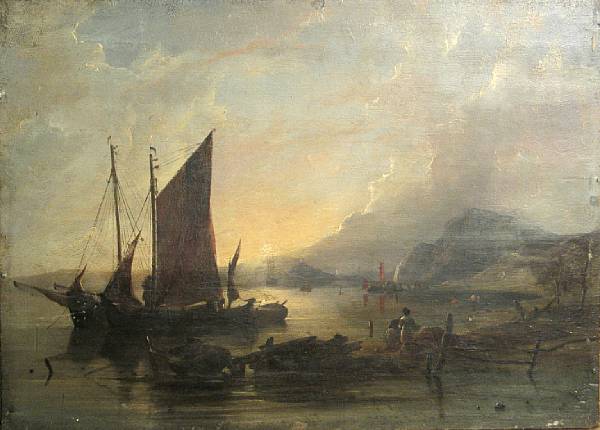 Appraisal: Dutch School th Century Fishing boats unloading along a rocky