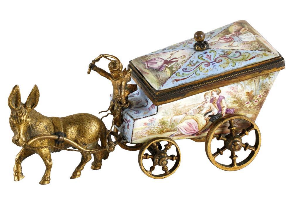 Appraisal: CONTINENTAL ENAMEL GILT METAL BOXunmarked modeled as a donkey pulling