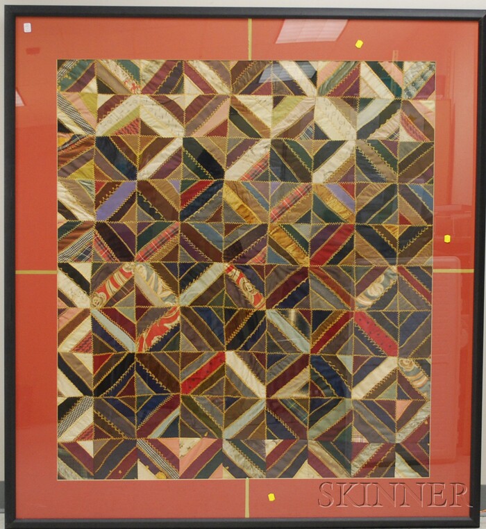 Appraisal: Framed Late Victorian Pieced and Embroidered Quilt sight size x