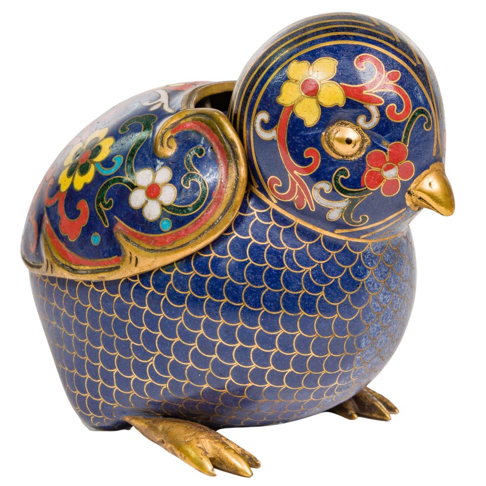 Appraisal: CHINESE CLOISONNE BIRD FORM TRINKET BOXHaving removable back revealing storage