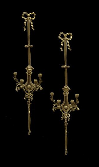 Appraisal: Tall and Attenuated Pair of French Lyriform Four-Light Appliques first