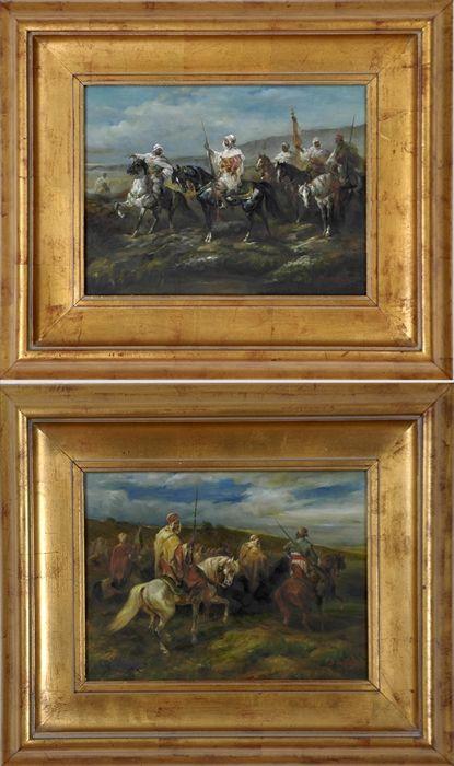 Appraisal: th C School Two Orientalist-Style Landscapes with Arab Horsemen Oil