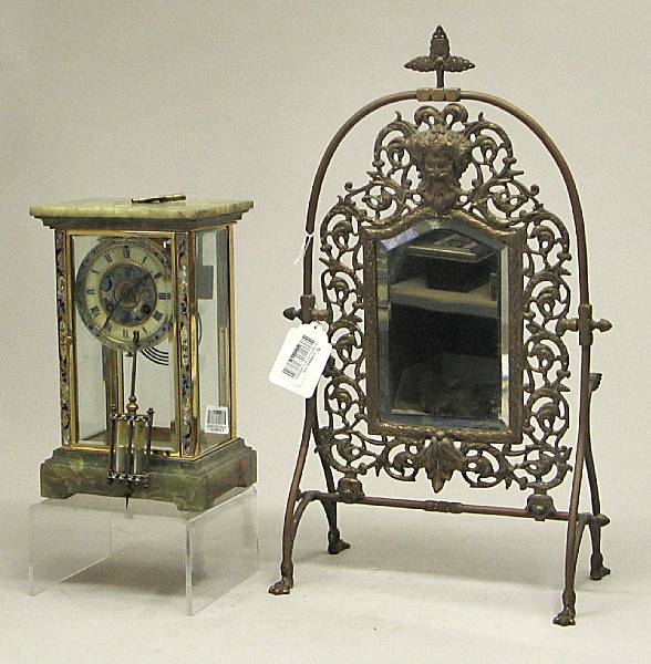 Appraisal: A French gilt bronze champleve enamel and green onyx four-glass