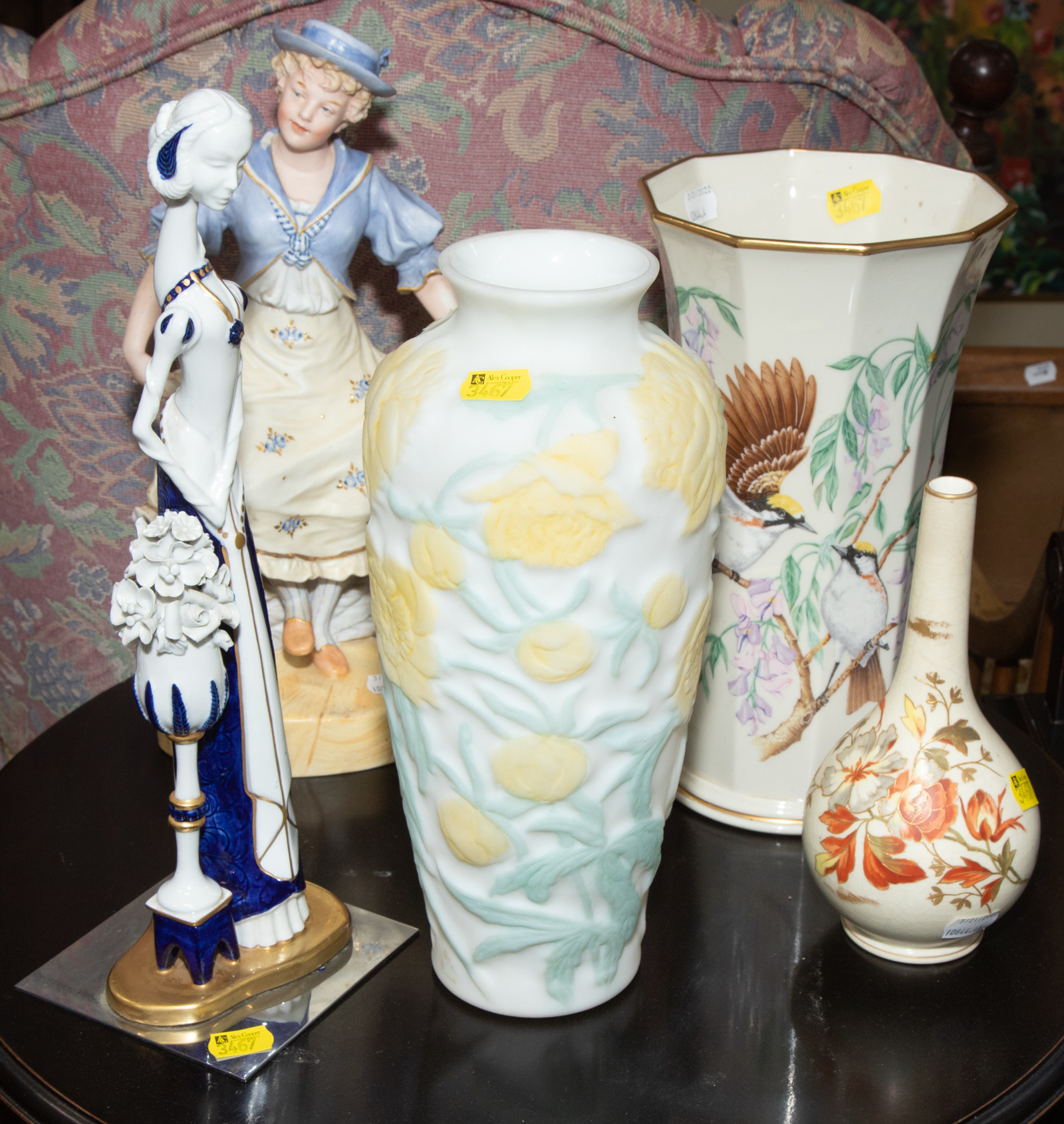 Appraisal: THREE DECORATIVE VASES TWO FIGURES Comprising a Lenox Jefferson Garden