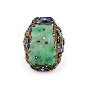 Appraisal: A Chinese Jadeite Inset Enamel on Silver Ring LATE QING