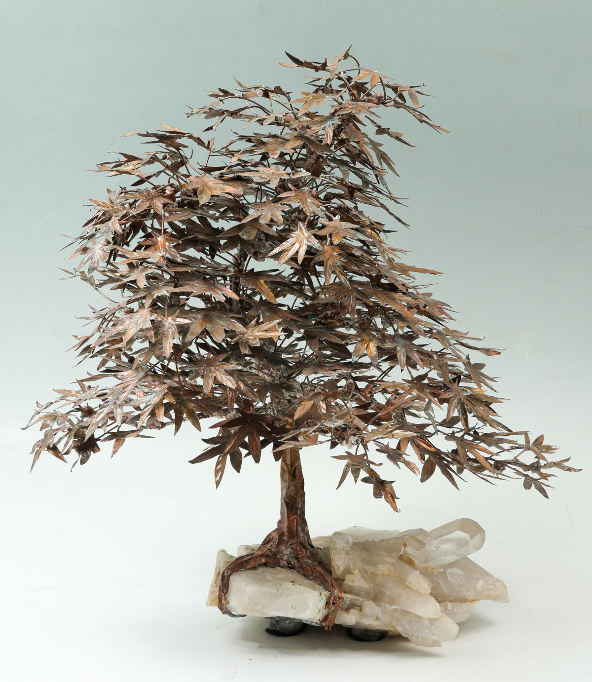 Appraisal: JAPANESE COPPER QUARTZ TREE SCULPTURE Copper Japanese maple tree mounted