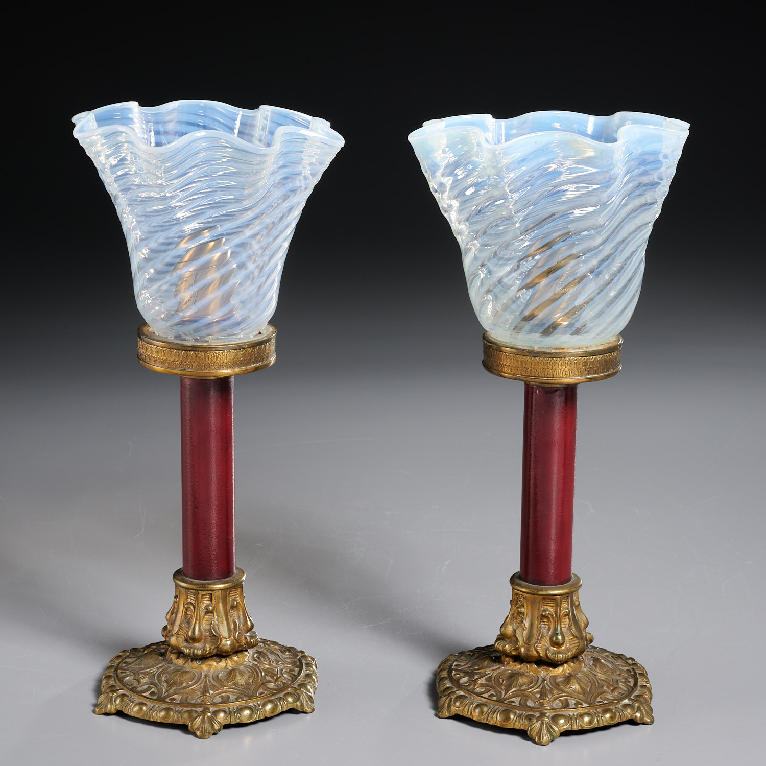 Appraisal: PAIR VICTORIAN GILT BRONZE ENAMEL OIL LAMPS th c England