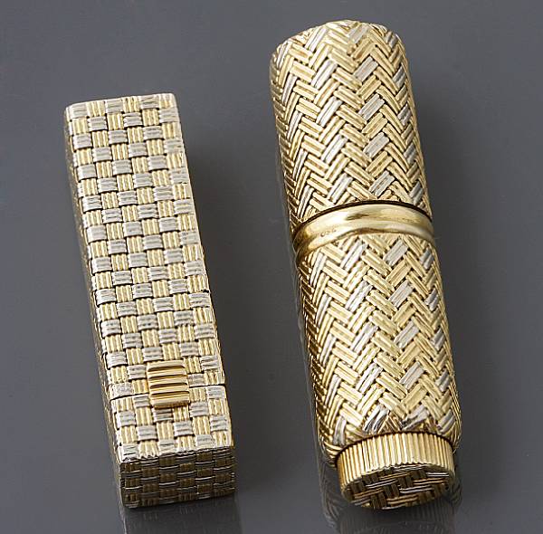 Appraisal: An k gold two-tone basket-weave lipstick holder and perfumer g