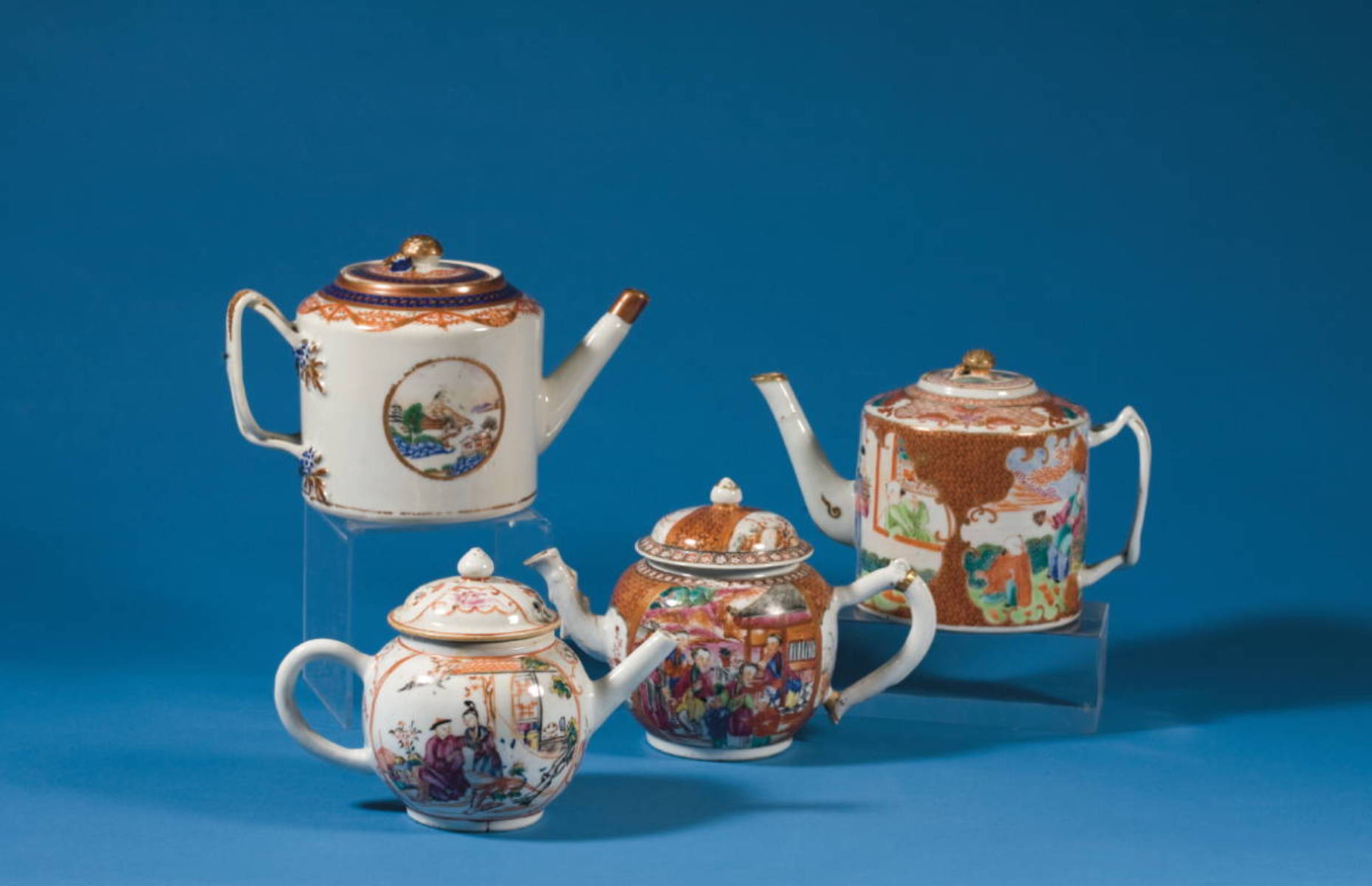 Appraisal: FOUR CHINESE EXPORT PORCELAIN TEAPOTS WITH POLYCHROME DECORATION INCLUDING TWO