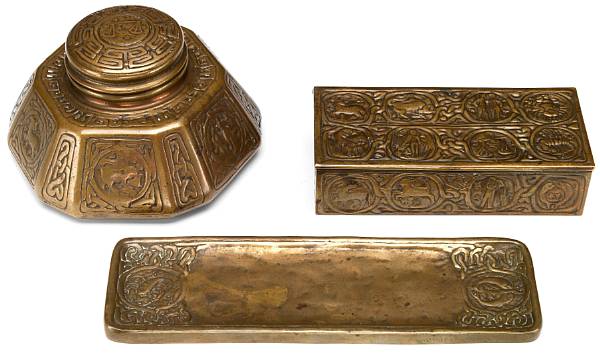 Appraisal: A Tiffany Studios bronze three-piece Zodiac desk set - comprising