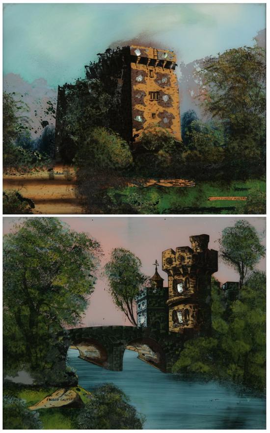 Appraisal: TWO VICTORIAN REVERSE PAINTED GLASS AND MOTHER-OF-PEARL LANDSCAPES late th