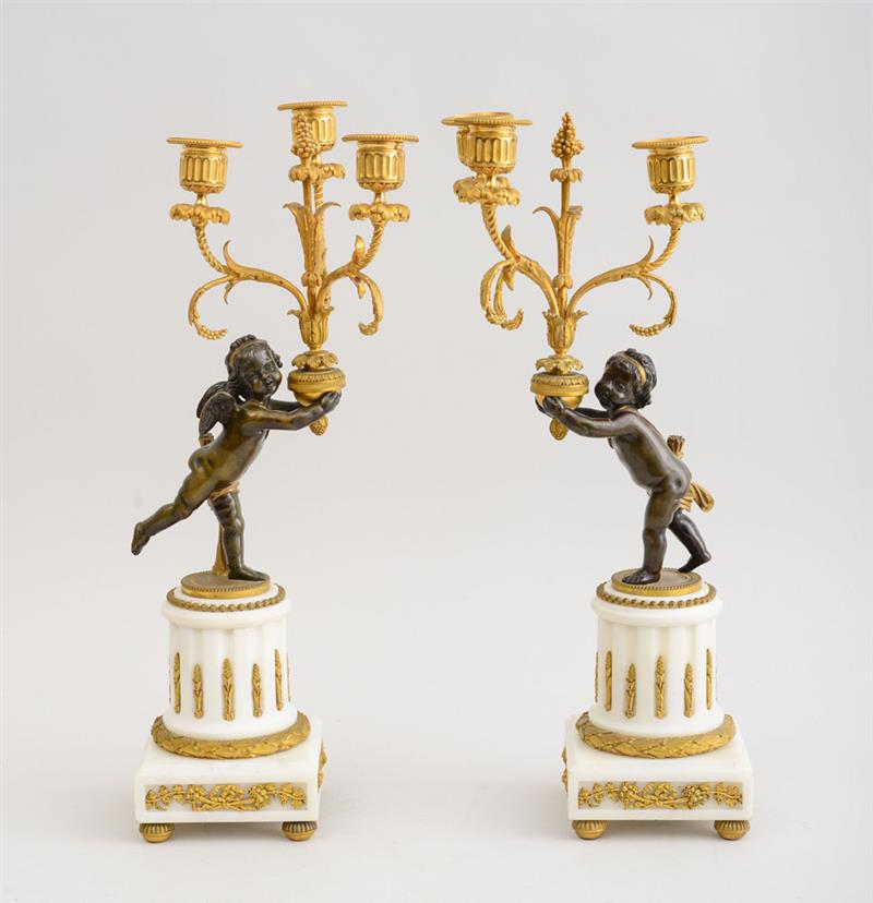 Appraisal: PAIR OF LOUIS XVI STYLE GILT-BRONZE PATINATED-BRONZE AND MARBLE FIGURAL