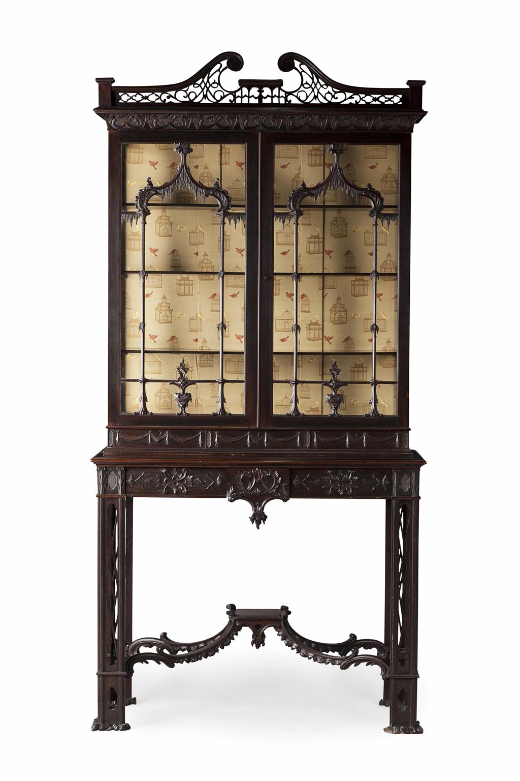 Appraisal: CHINESE CHIPPENDALE STYLE MAHOGANY DISPLAY CABINET ON STAND LATE TH