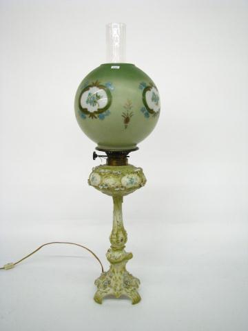 Appraisal: Antique Dresden Banquet Lamp with handpainted glass shade lamp base