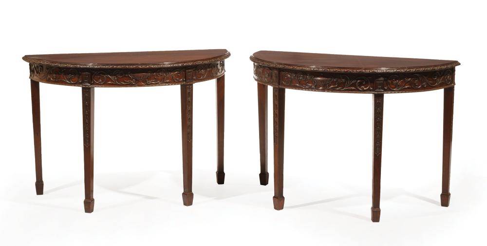 Appraisal: Pair of Late Georgian Carved and Inlaid Mahogany Demilune Consoles