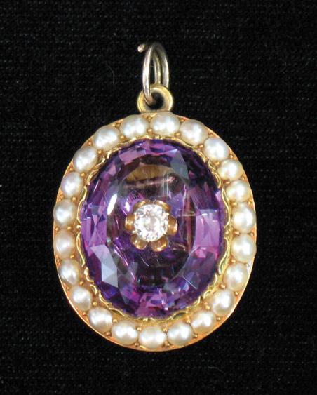 Appraisal: AN AMETHYST AND PEARL PENDANT the large oval foiled cushion-cut