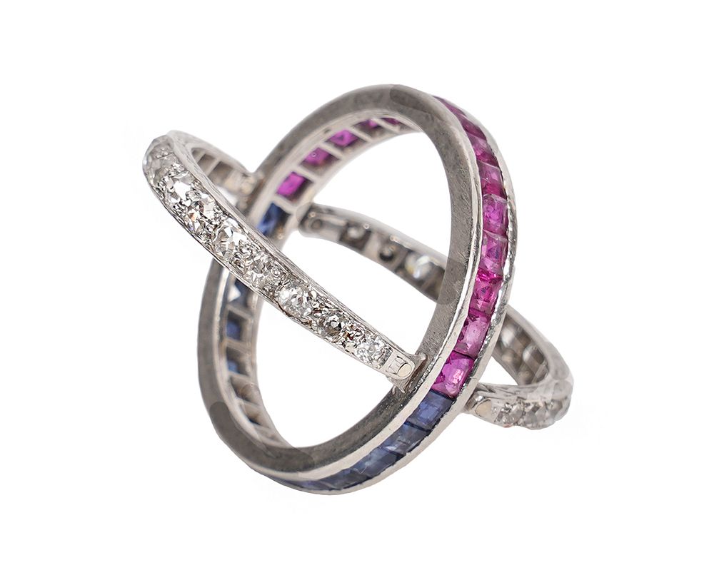 Appraisal: Platinum Diamond Sapphire Ruby Flip Top Ring Art Deco Flip