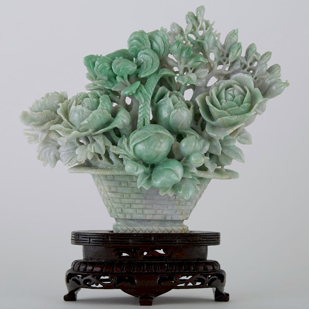 Appraisal: Large Chinese Jade Group Basket with Flowers Large late th