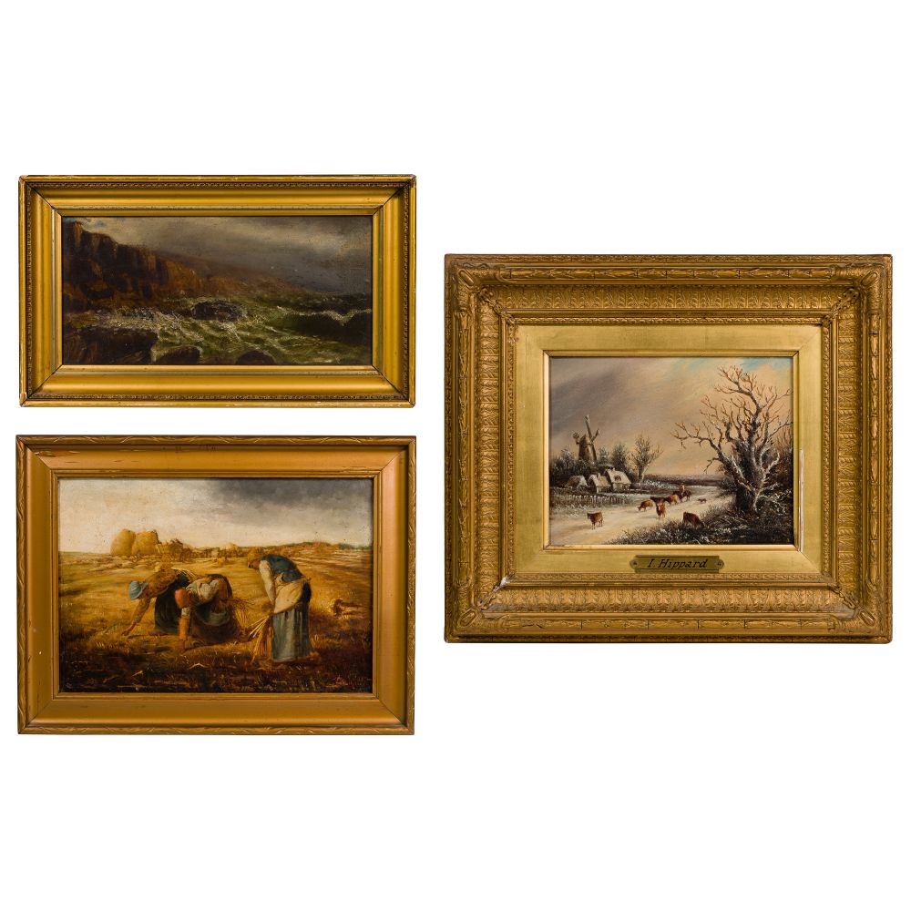 Appraisal: LANDSCAPE OIL PAINTING ASSORTMENT items including after Jean-Francois Millet French