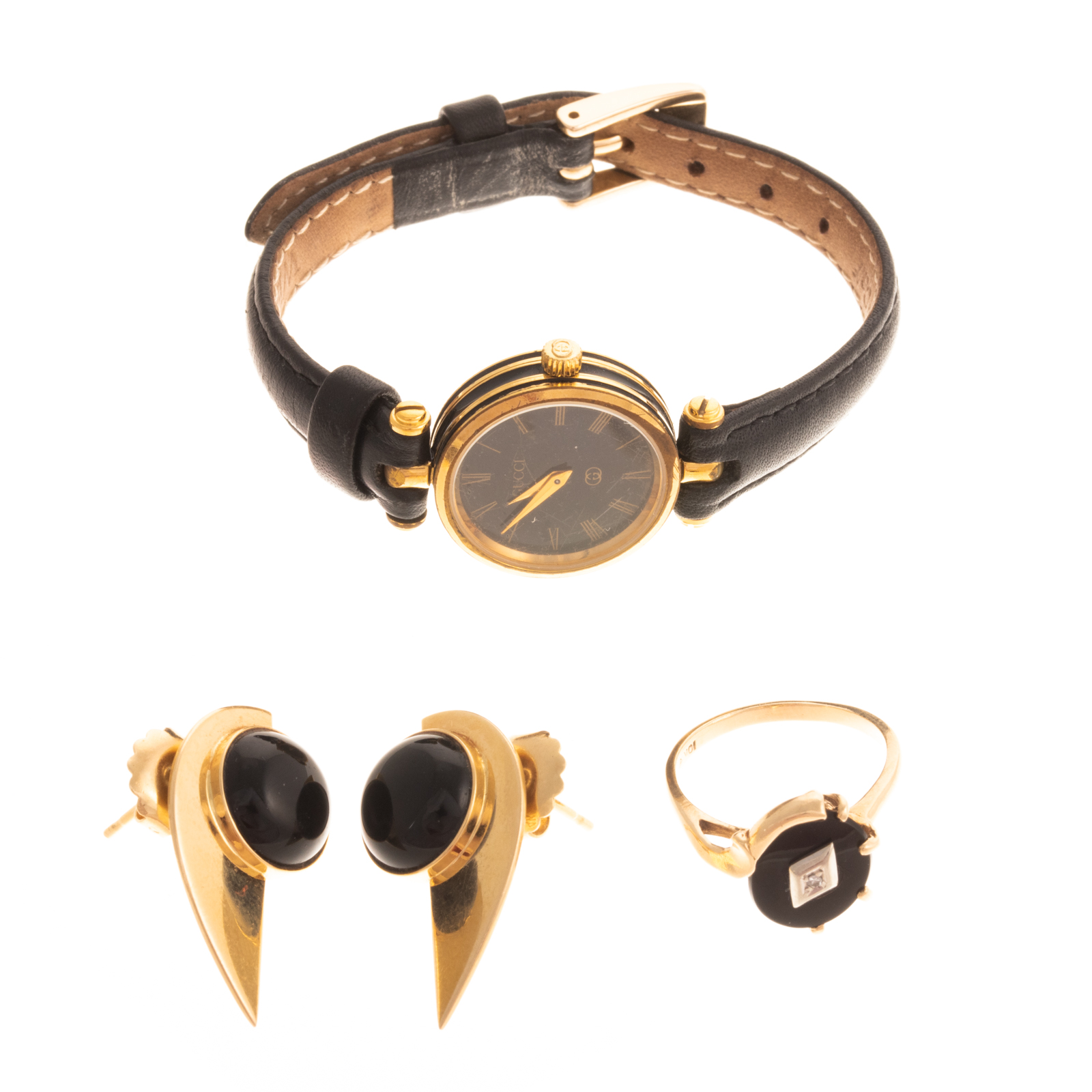 Appraisal: A GUCCI WATCH BLACK ONYX RING K EARRINGS K yellow