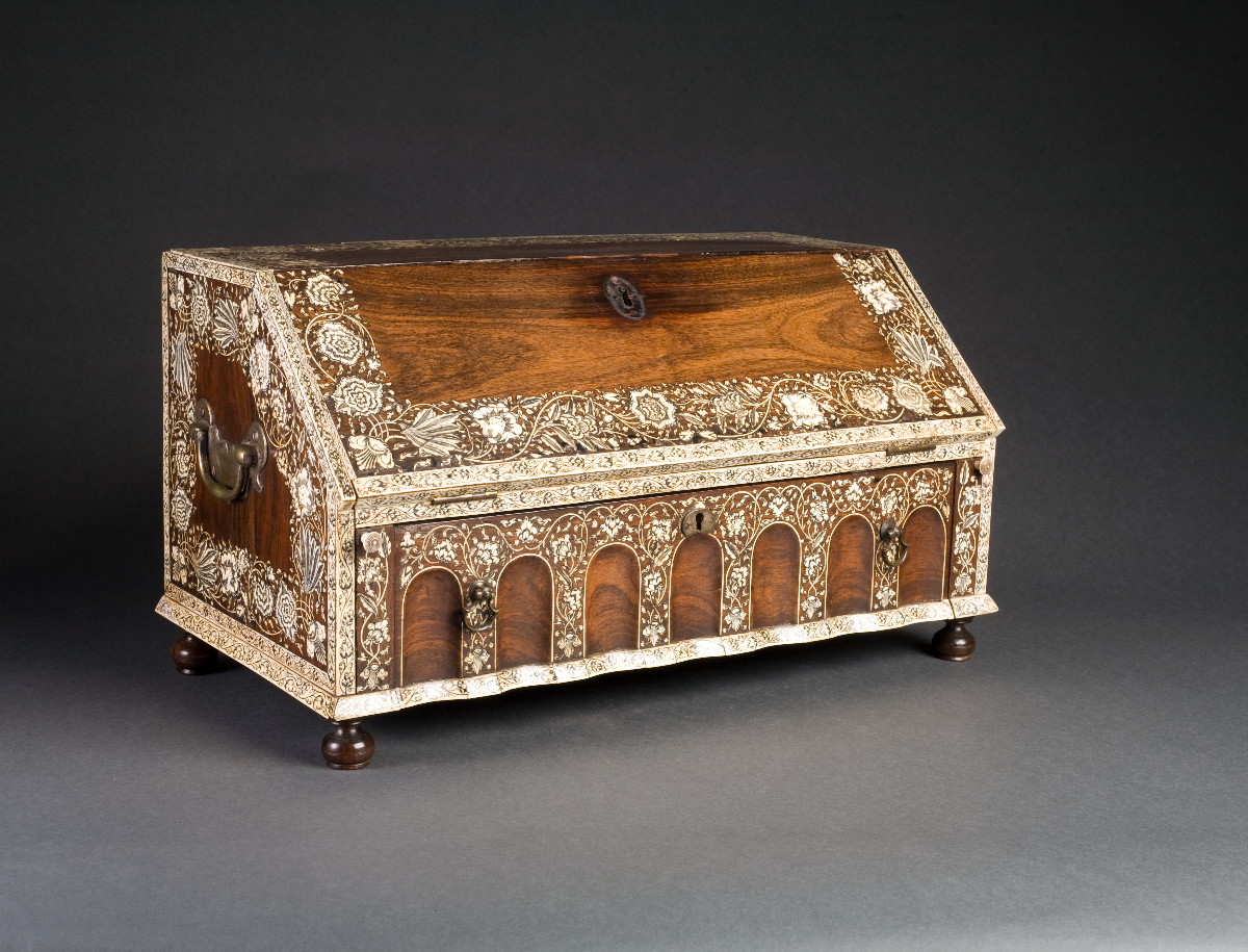 Appraisal: ANGLO-INDIAN ROSEWOOD AND ETCHED IVORY SLANT-LID TABLE TOP DESK The