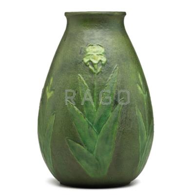 Appraisal: GRUEBY Early large vase with light green irises Boston MA