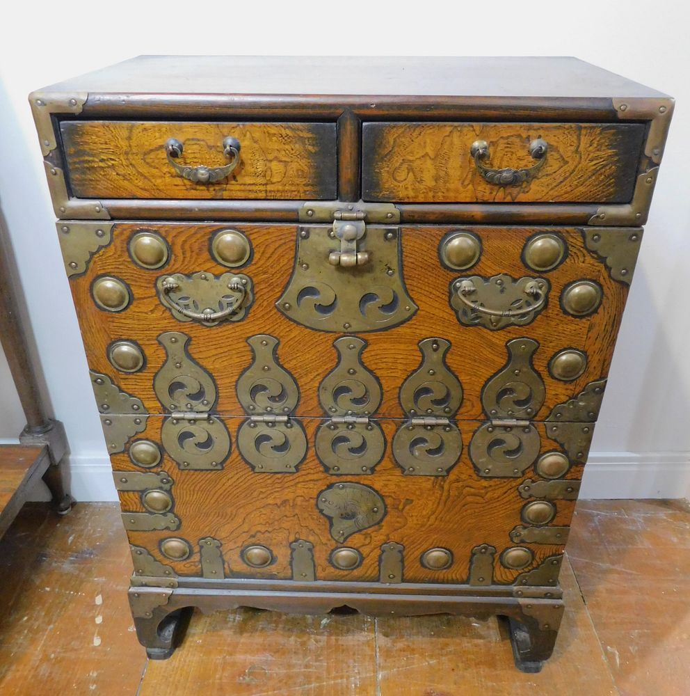 Appraisal: ASIAN BRASS MOUNTED CHEST Old Asian brass-mounted drawer small chest