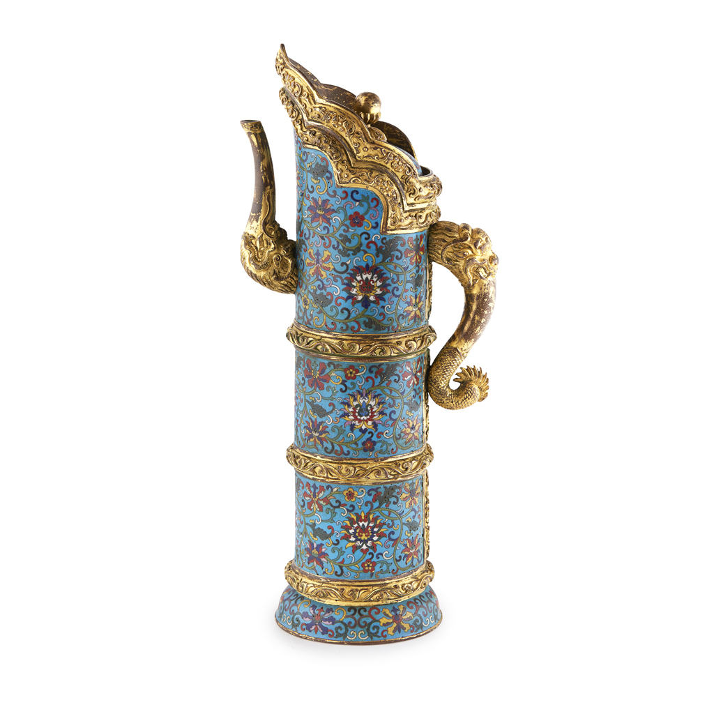 Appraisal: CLOISONN ENAMEL TIBETAN-STYLE EWER AND COVER QIANLONG MARK BUT LATER