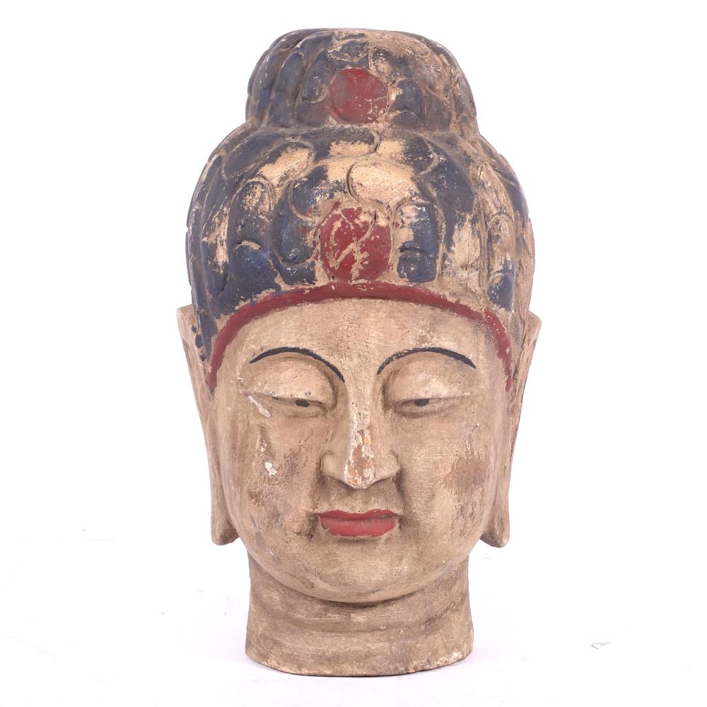 Appraisal: LARGE CHINESE HEAD OF BUDDHA CARVED AND PAINTED WOOD WITH