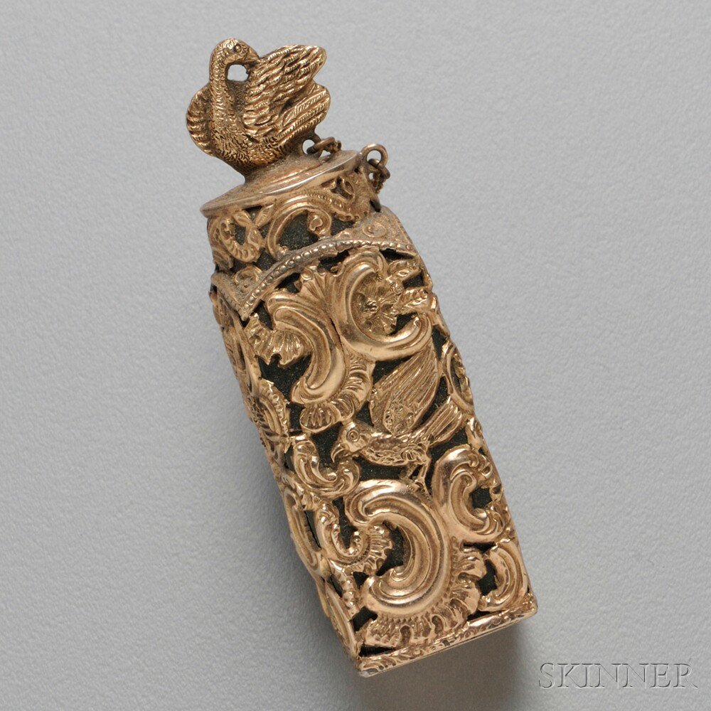 Appraisal: kt Gold-cased Perfume Bottle with overall pierced scrollwork and bird