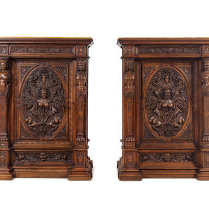 Appraisal: A Pair of Renaissance Revival Carved Walnut Marble-Top Cabinets th