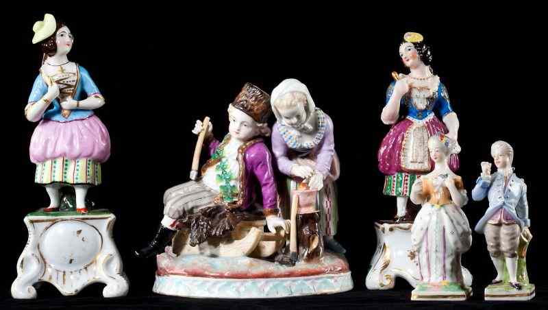 Appraisal: Five Continental Porcelain Figurines th century comprising a finely modeled