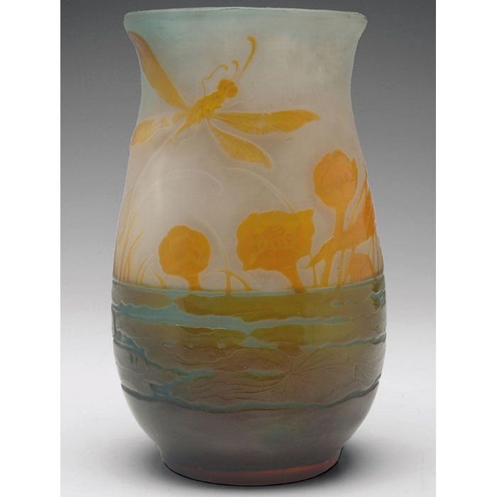 Appraisal: Galle vase cameo cut dragonfly and water lilies above pond