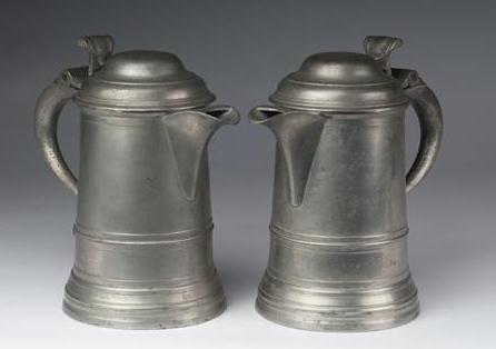 Appraisal: PAIR OF AMERICAN PEWTER QUART TANKARDS WITH POURING SPOUTS THOMAS