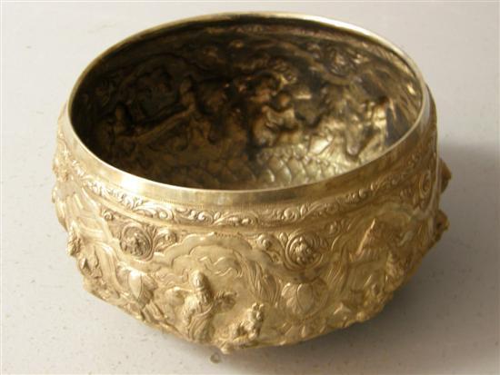 Appraisal: Indian white metal bowl the main horizontal band of embossed