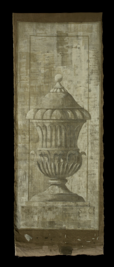 Appraisal: Large French Grisaille-Painted Canvas Panel depicting a ribbed covered vase