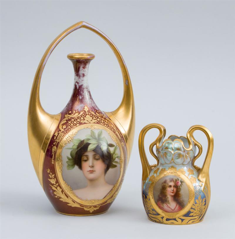 Appraisal: TWO VIENNA ART NOUVEAU PORCELAIN SMALL PORTRAIT VASES CANDEUR AND