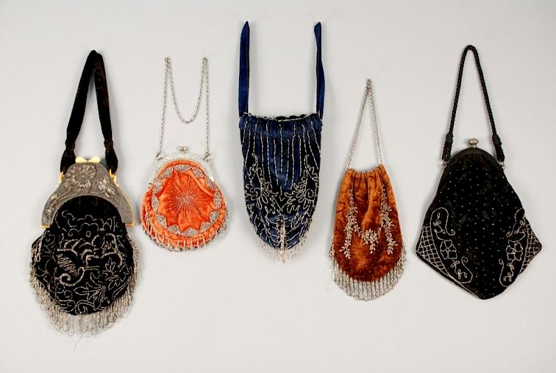 Appraisal: FIVE VELVET BAGS with STEEL BEADS LATE th - EARLY