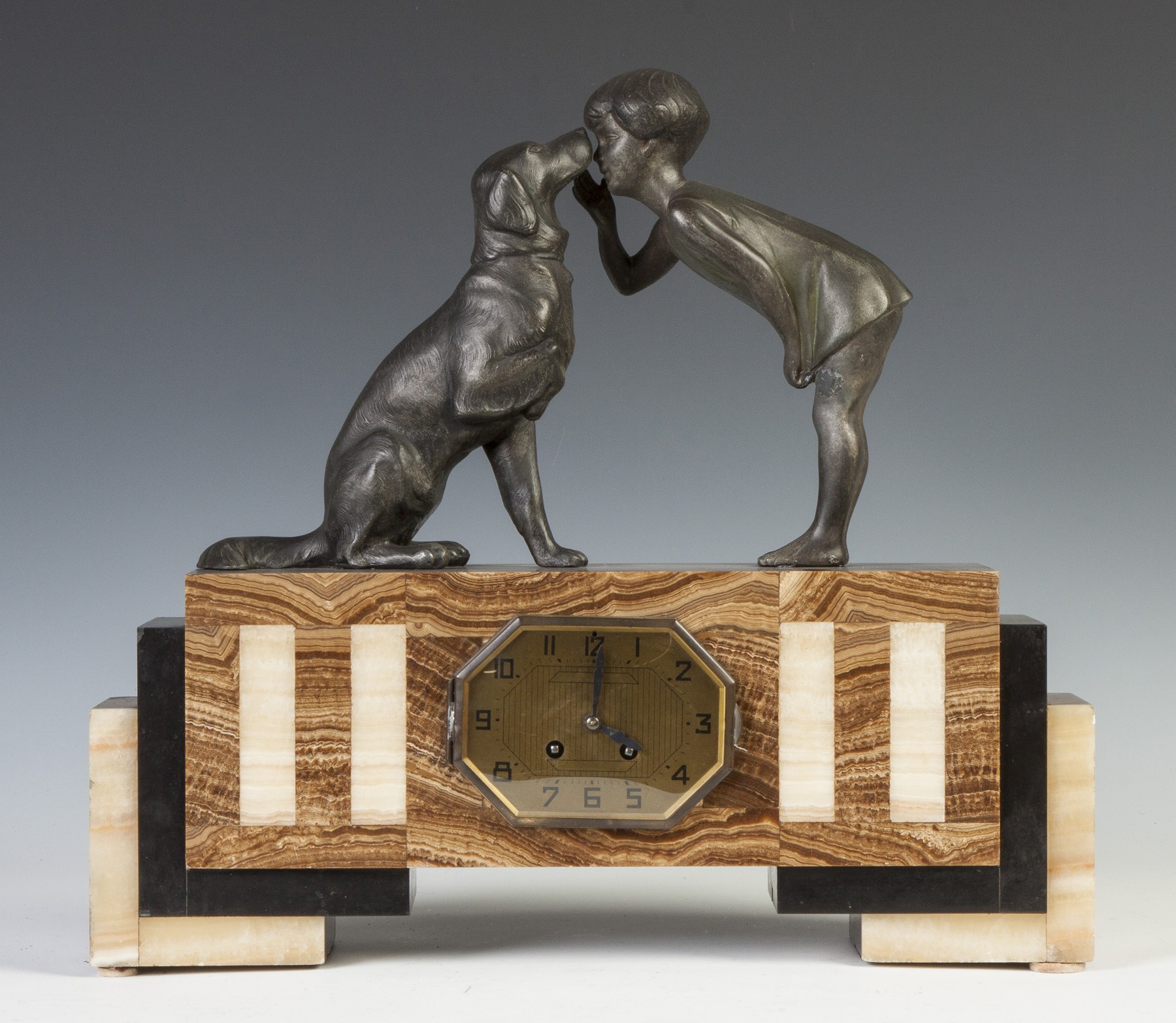 Appraisal: Art Deco Patinaed Metal Marble Clock Gril w dog day