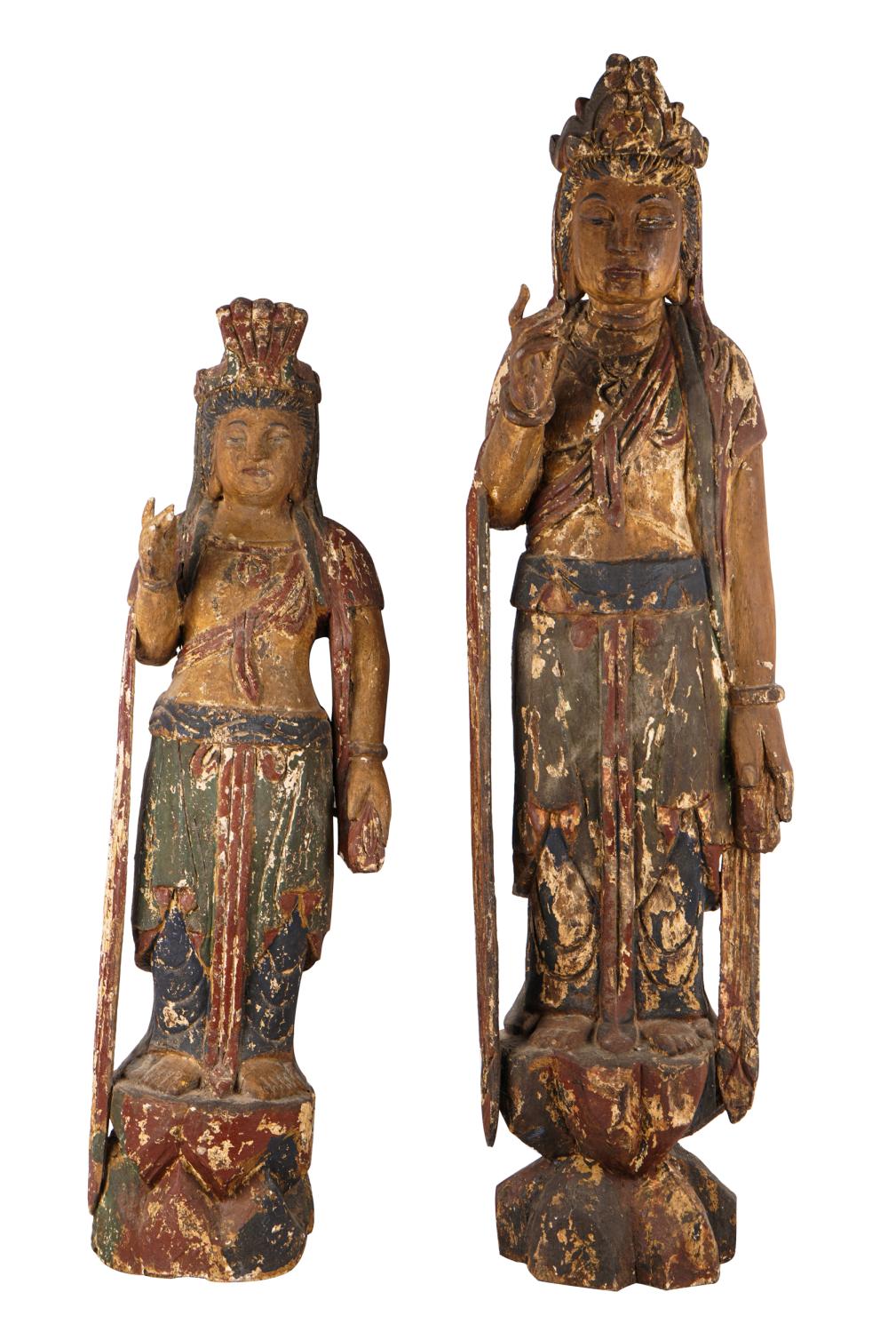 Appraisal: TWO CHINESE POLYCHROMED CARVED WOOD FIGURESCondition with heavy wear throughout