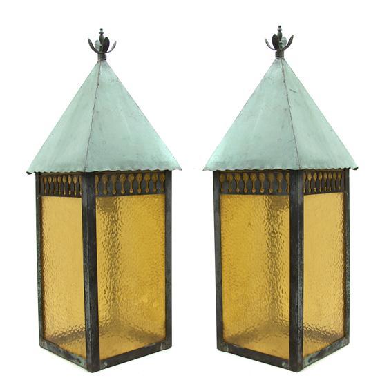 Appraisal: Pair of American Metal and Rippled Glass Lanterns each with