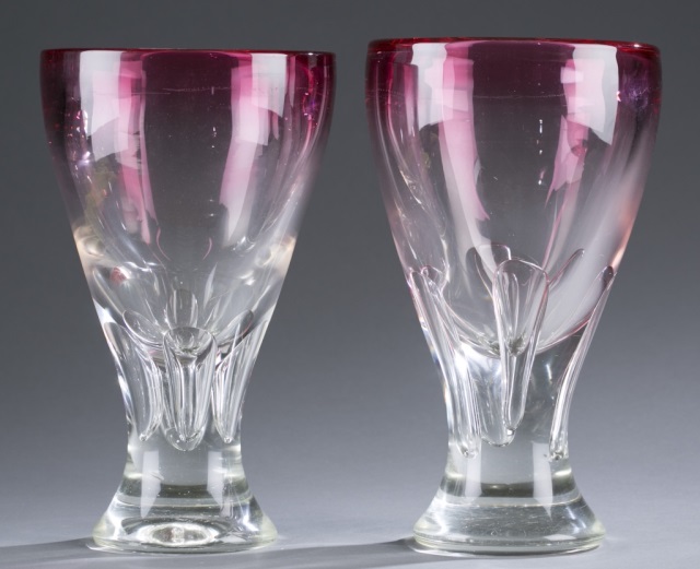 Appraisal: Pair of Lead Crystal Vases Cranberry rim with clear body