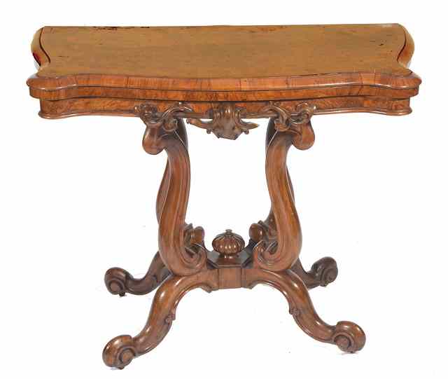 Appraisal: A VICTORIAN BURR WALNUT FOLD OVER TOP CARD TABLE of