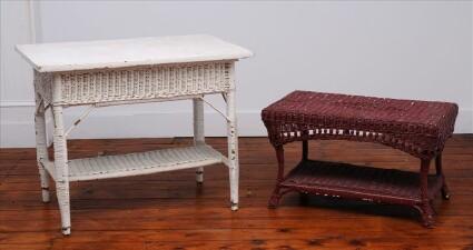 Appraisal: TWO WICKER TABLES The red-painted low table with arched apron