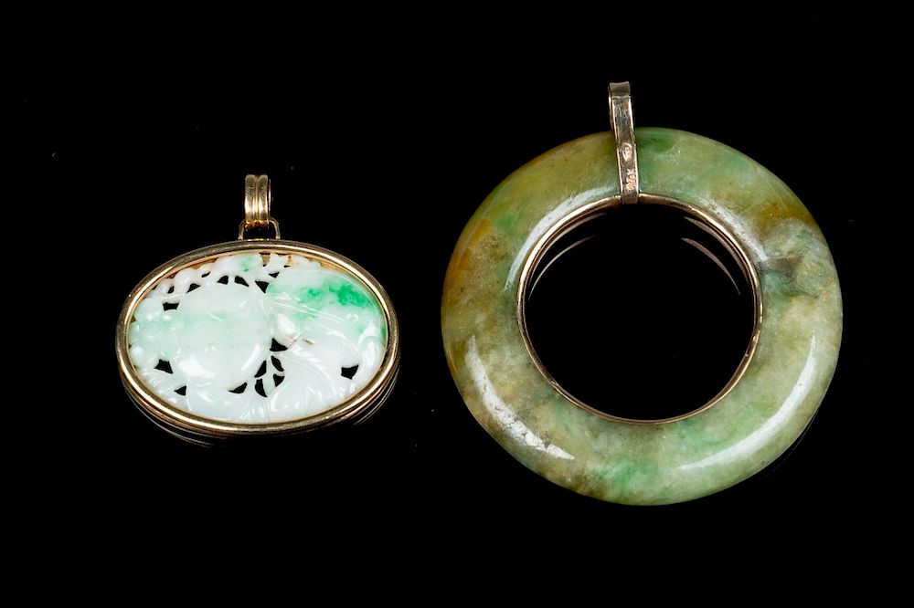 Appraisal: TWO K MOTTLED JADEITE ACCESSORIES TH C The set comprising