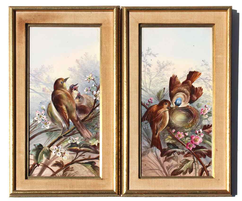 Appraisal: PAIR OF PAINTINGS ON PORCELAIN BIRDS IN NATURE BY THOMAS