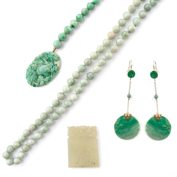 Appraisal: A collection of jade jewelry including two pair of jadeite