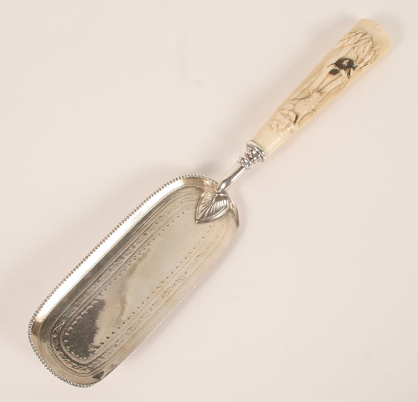 Appraisal: Sheffield silverplate crumber with carved ivory handle depicting The Fox