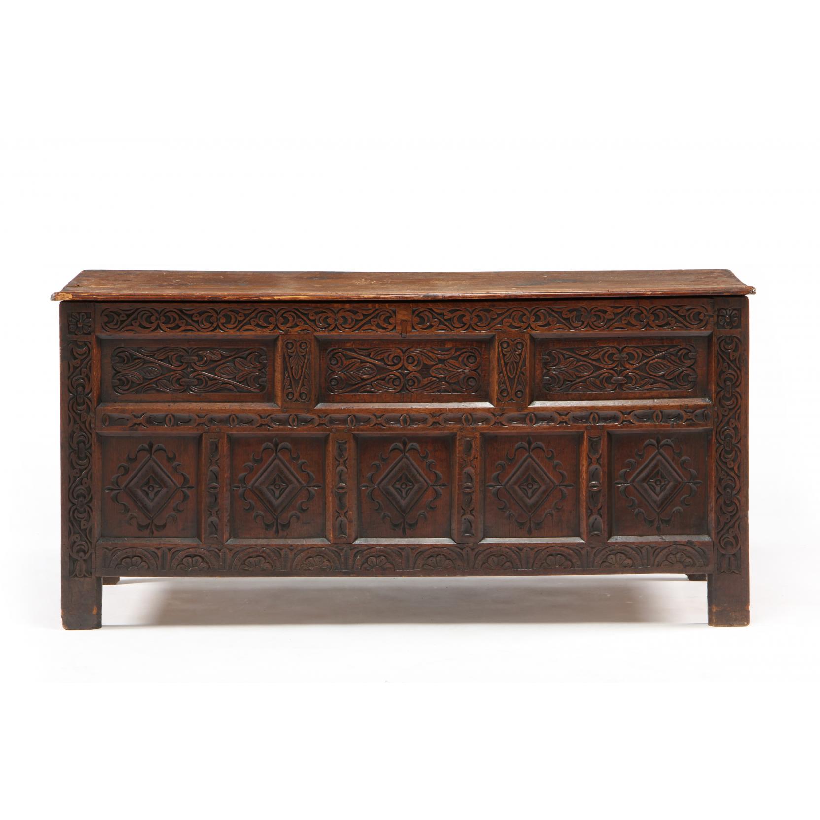 Appraisal: Jacobean Relief Carved Coffer circa oak and pine large rectangular